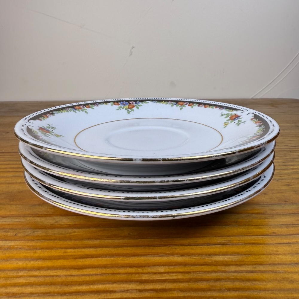 Set of 4 Lynn’s Fine China Saucers – Floral Black & Gold Trim, 6.25” - Picture 4 of 13
